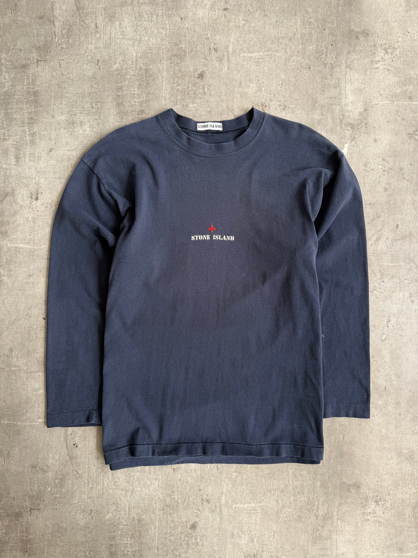 1990's Stone Island Navy LS Embroidered Spellout Tee | Large, Multicoloured