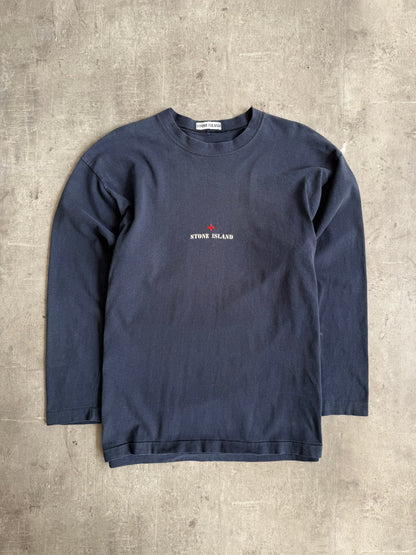 1990's Stone Island Navy LS Embroidered Spellout Tee | Large, Multicoloured