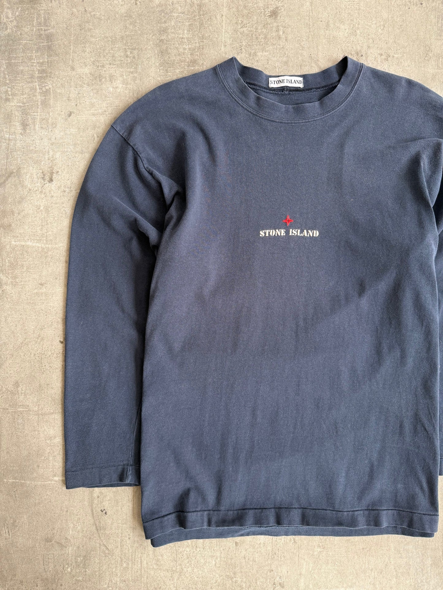 1990's Stone Island Navy LS Embroidered Spellout Tee | Large, Multicoloured