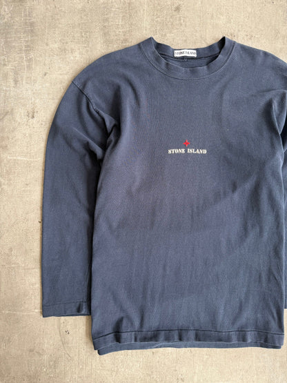 1990's Stone Island Navy LS Embroidered Spellout Tee | Large, Multicoloured