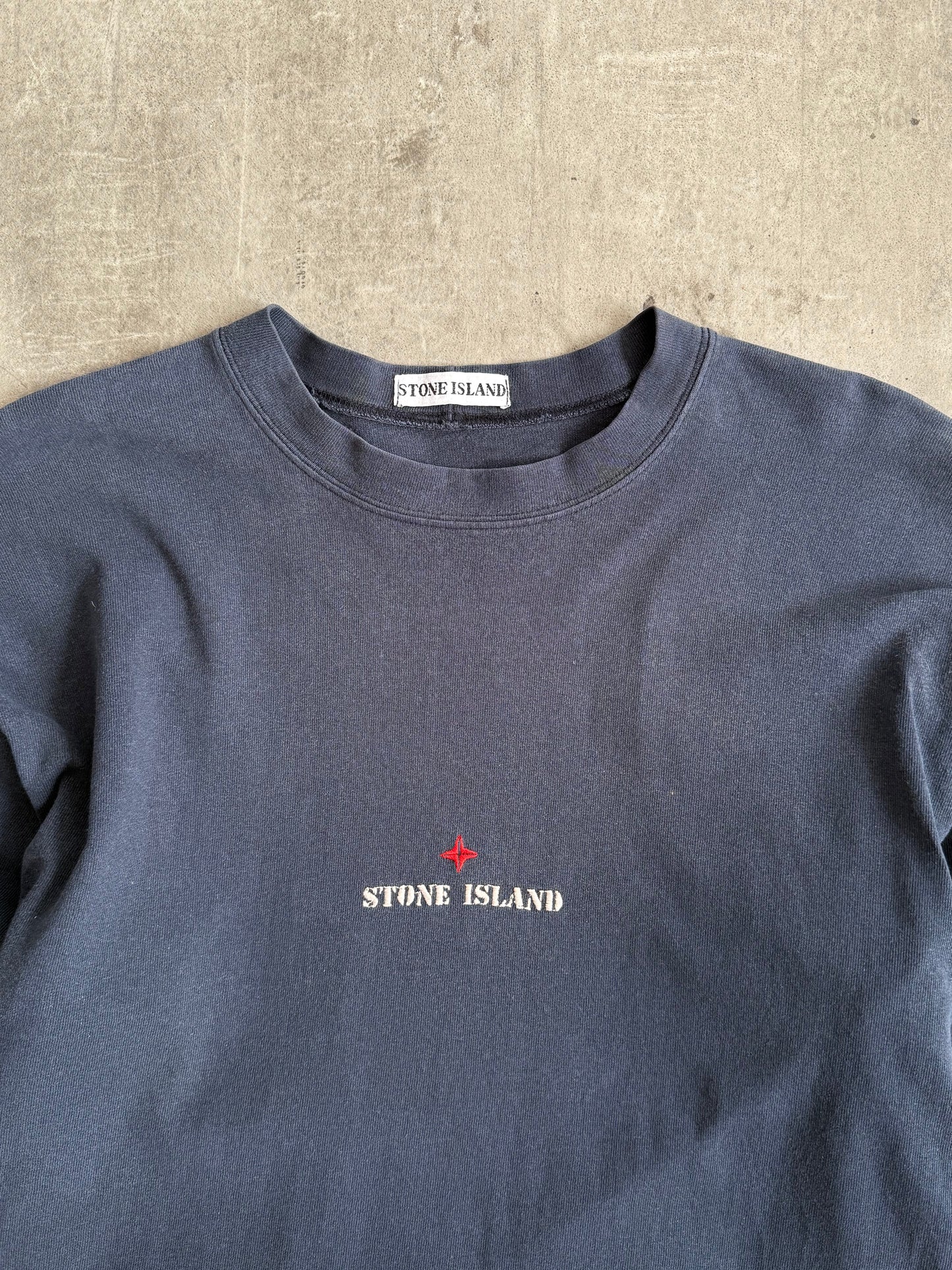 1990's Stone Island Navy LS Embroidered Spellout Tee | Large, Multicoloured
