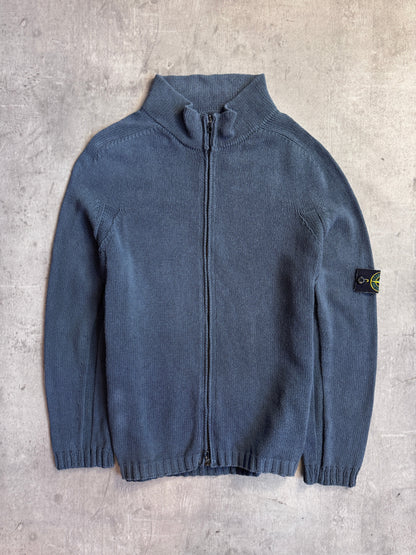 S/S 2003 Stone Island Washed Petrol Blue Zip Knit Sweater
