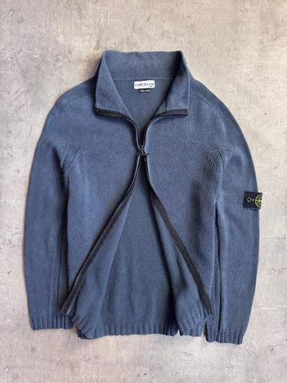 S/S 2003 Stone Island Washed Petrol Blue Zip Knit Sweater