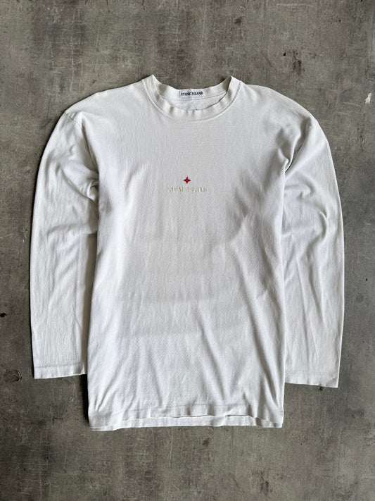 1990's Stone Island White LS Embroidered Spellout Tee | Large, Multicoloured