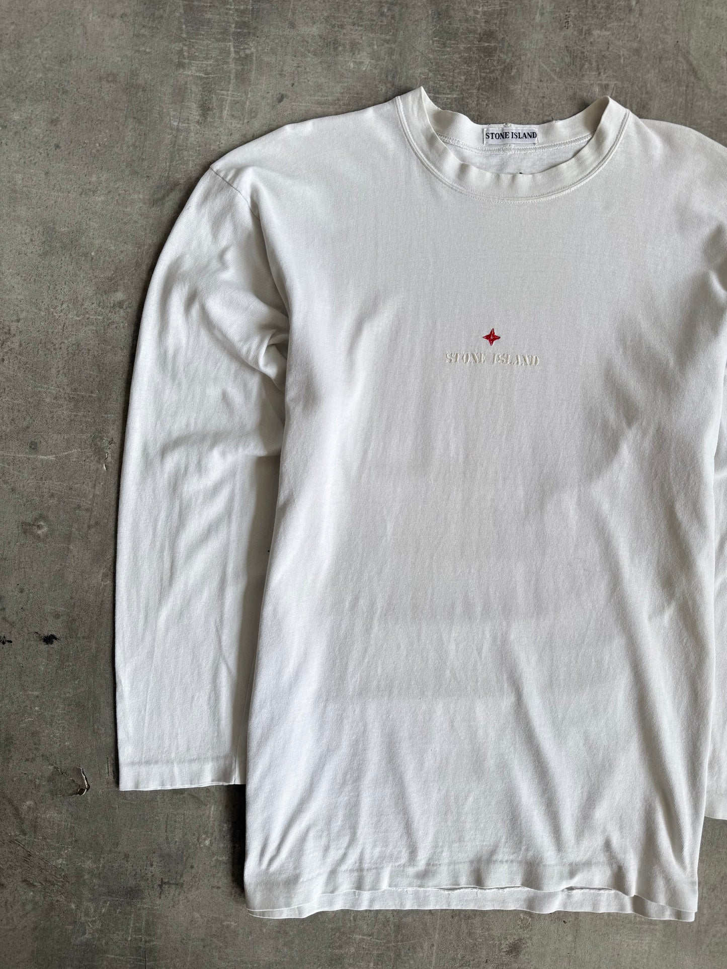 1990's Stone Island White LS Embroidered Spellout Tee | Large, Multicoloured