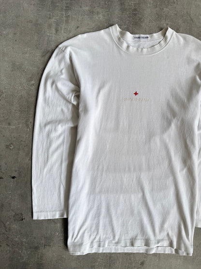 1990's Stone Island White LS Embroidered Spellout Tee | Large, Multicoloured