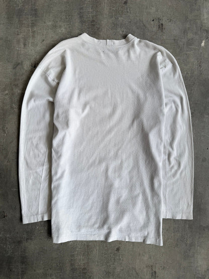 1990's Stone Island White LS Embroidered Spellout Tee | Large, Multicoloured