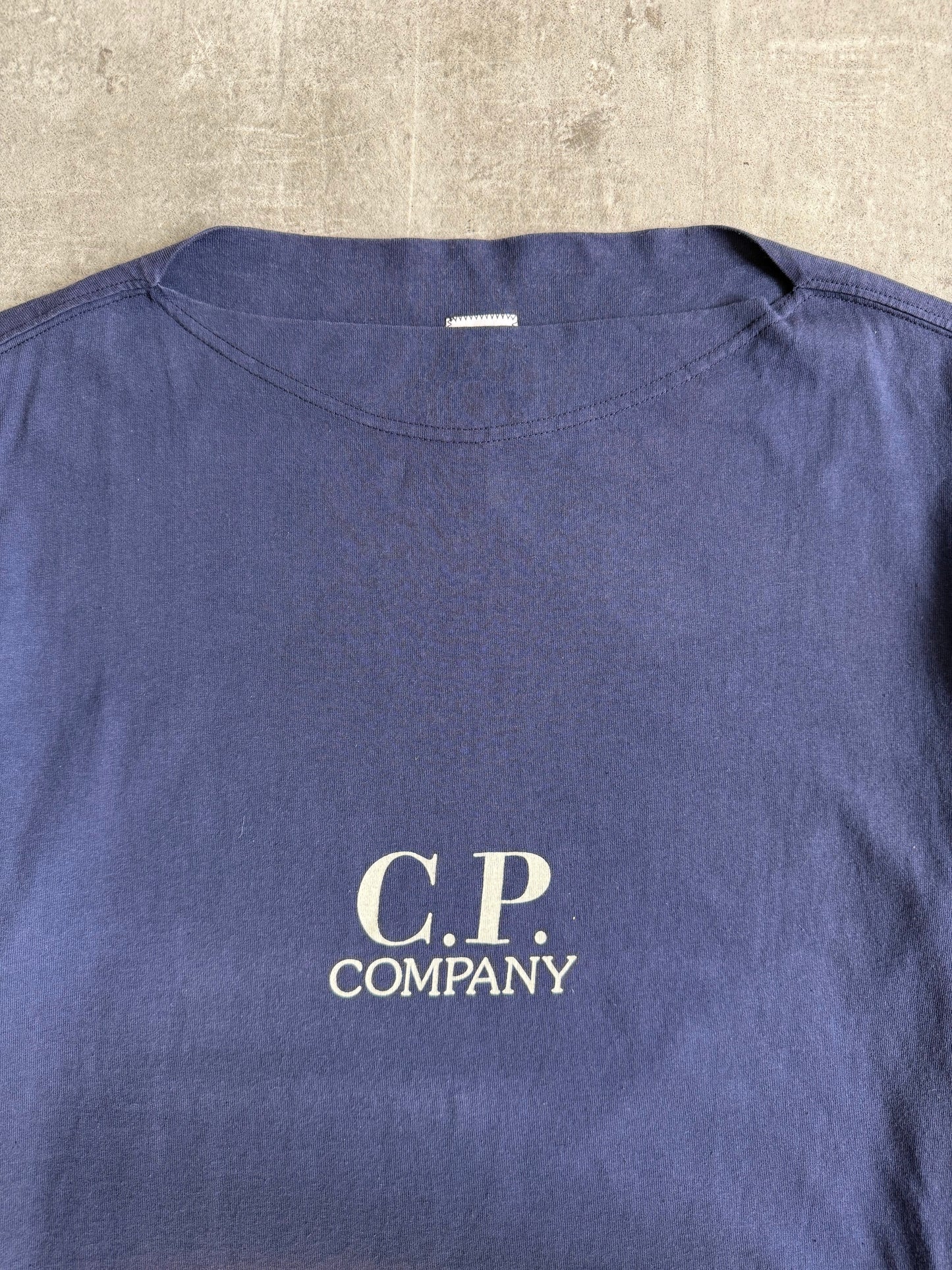 S/S 1995 C.P. Company Boat Neck Navy Graphic Tee | Large, Multicoloured