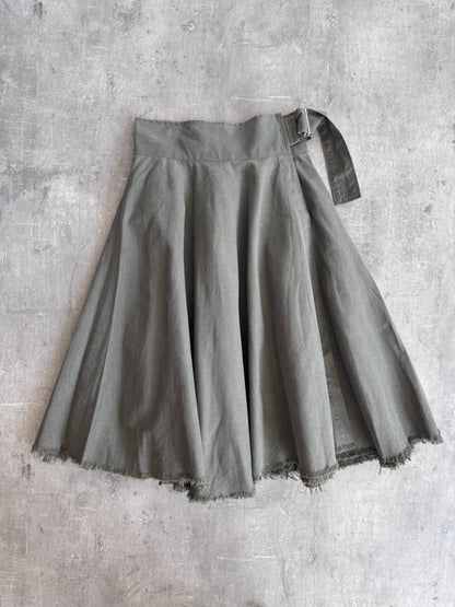 1990s Yohji Yamamoto Y's Washed Khaki Green Raw Hem Wrap Midi Skirt