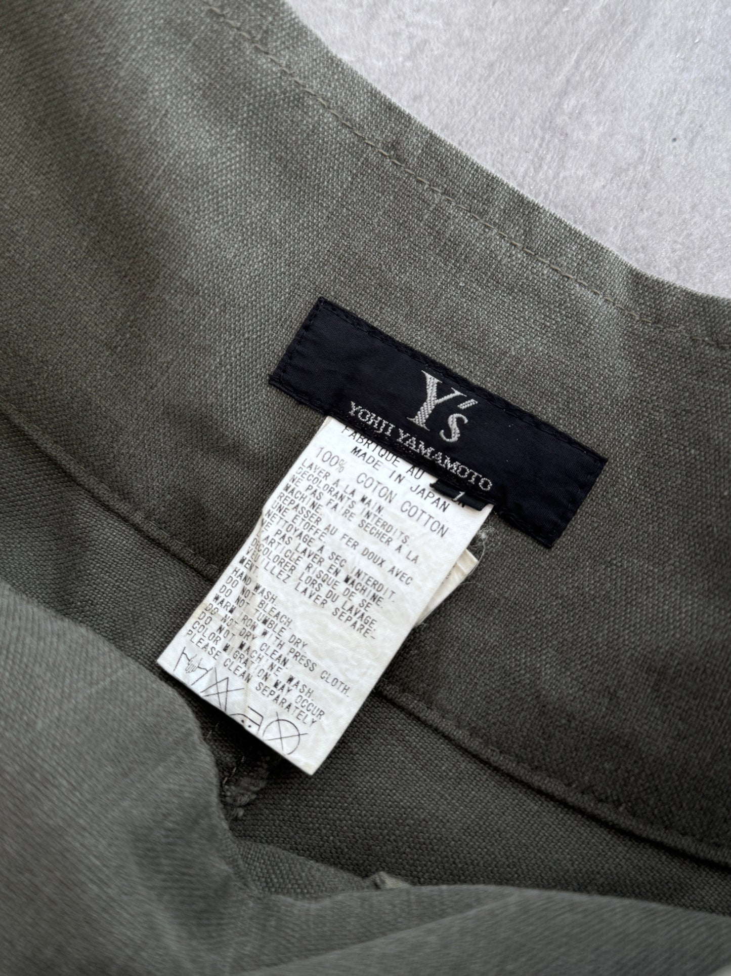 1990s Yohji Yamamoto Y's Washed Khaki Green Raw Hem Wrap Midi Skirt