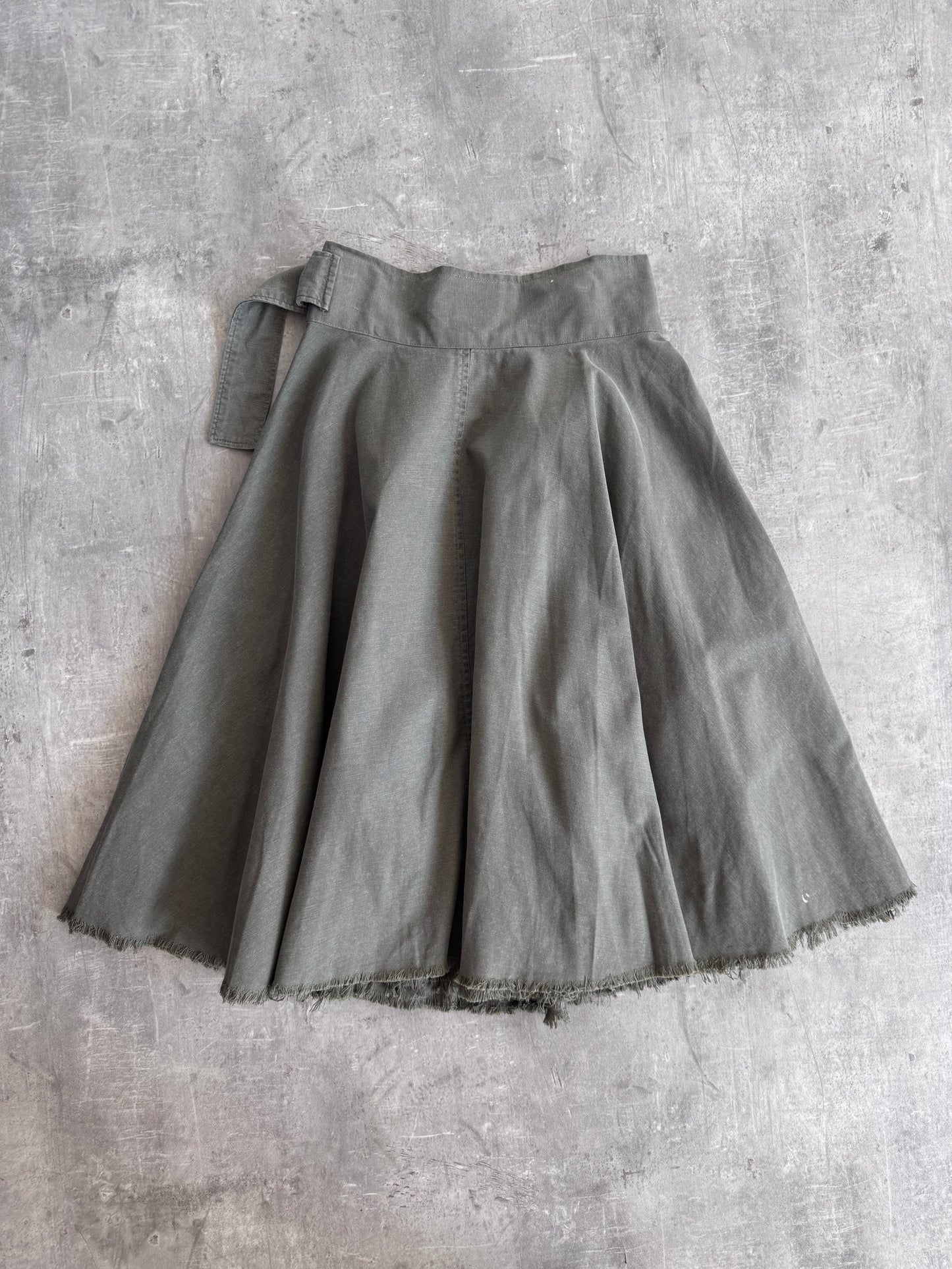 1990s Yohji Yamamoto Y's Washed Khaki Green Raw Hem Wrap Midi Skirt