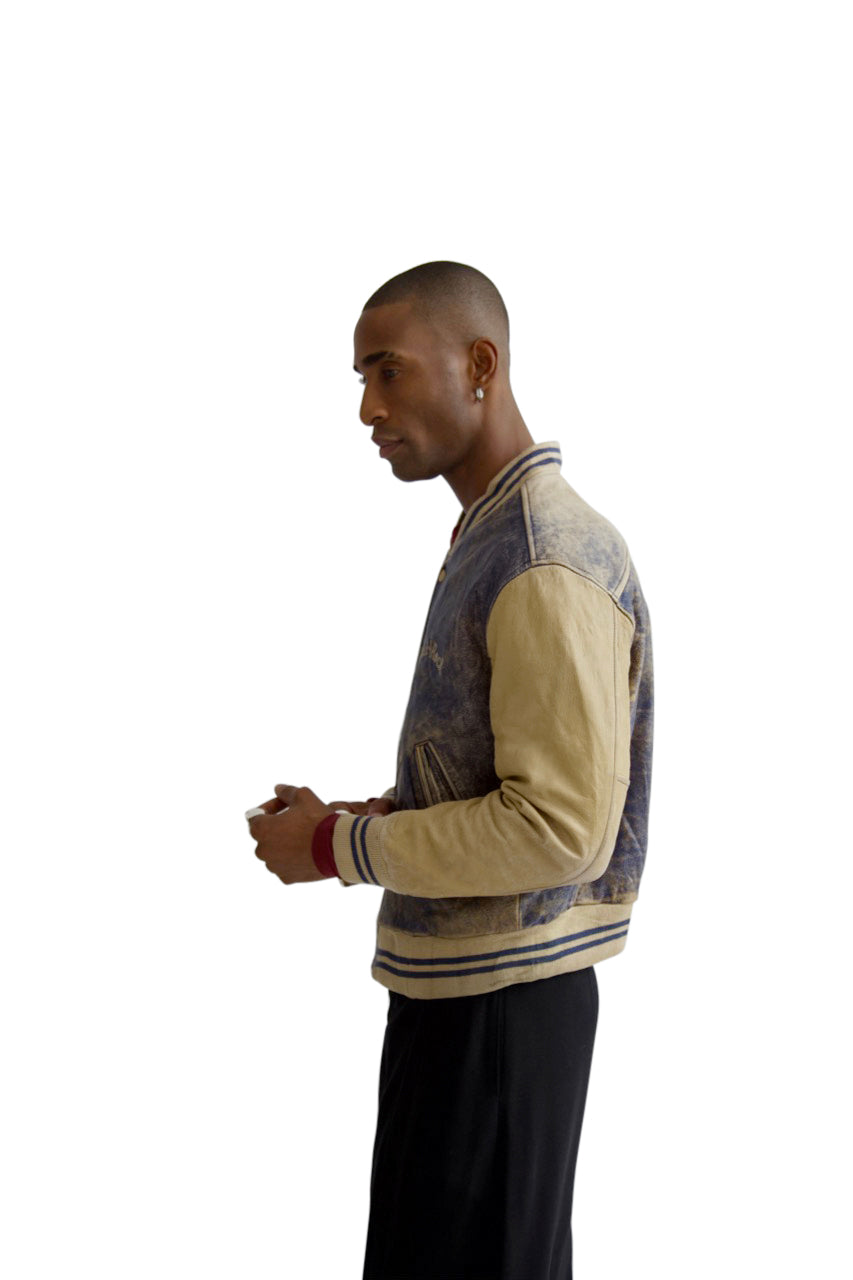 Red-N-Rock Distressed Blue Leather Varsity Jacket