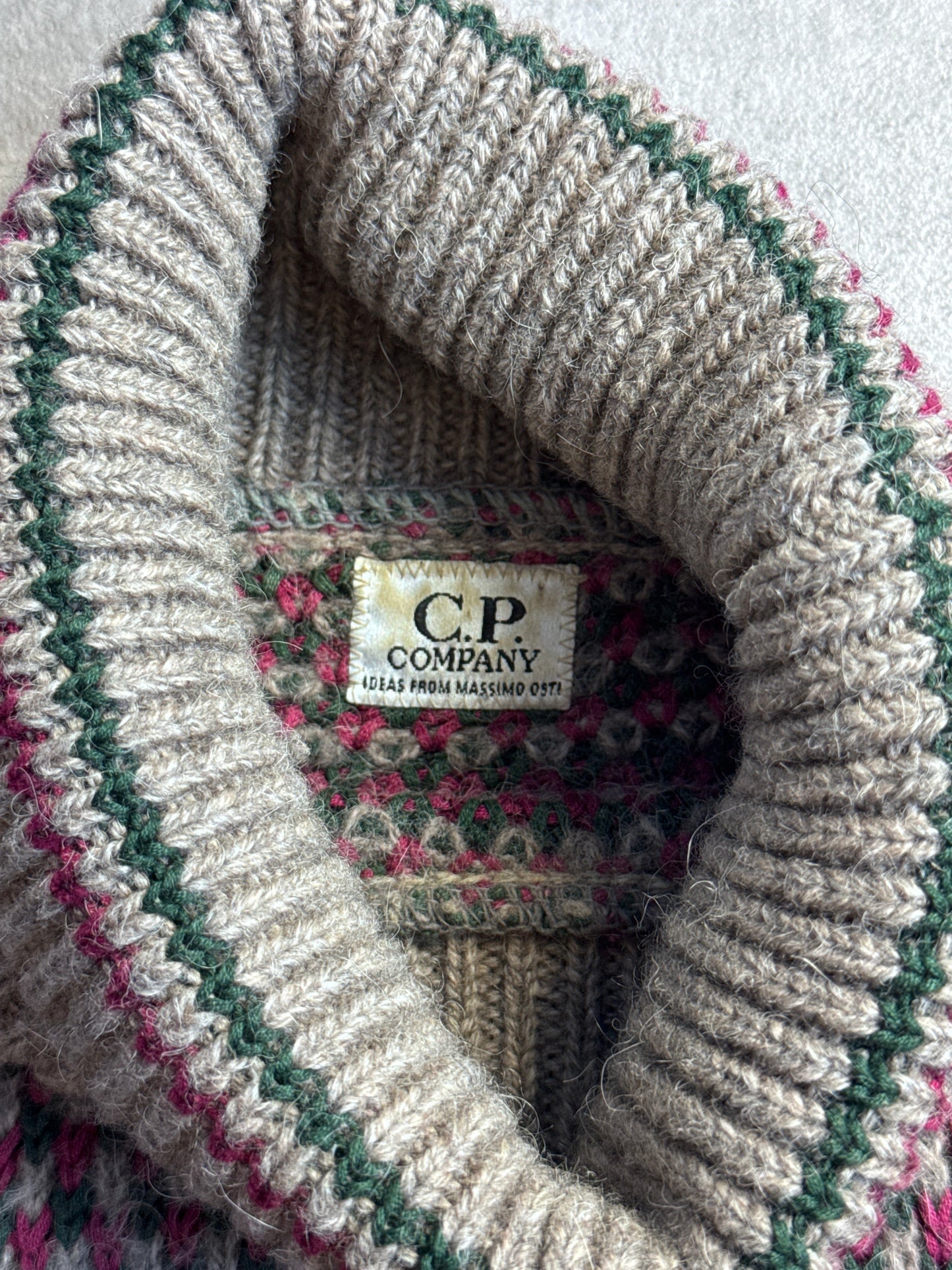 1980s C.P. Company Multi Intarsia Wool Rollneck Knit Sweater