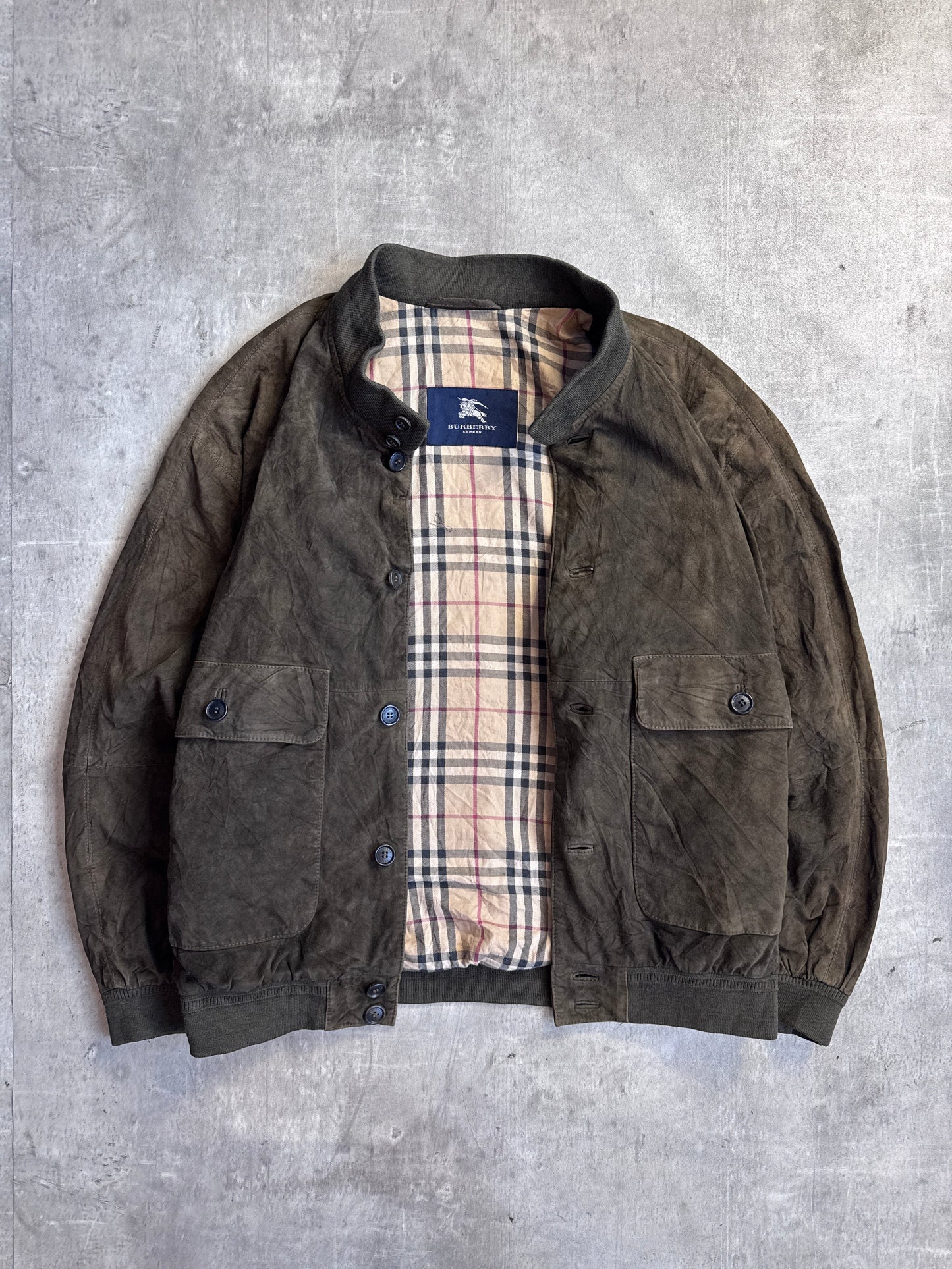 Burberry Olive Velour Button Down Bomber Jacket