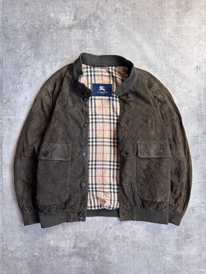 Burberry Olive Velour Button Down Bomber Jacket