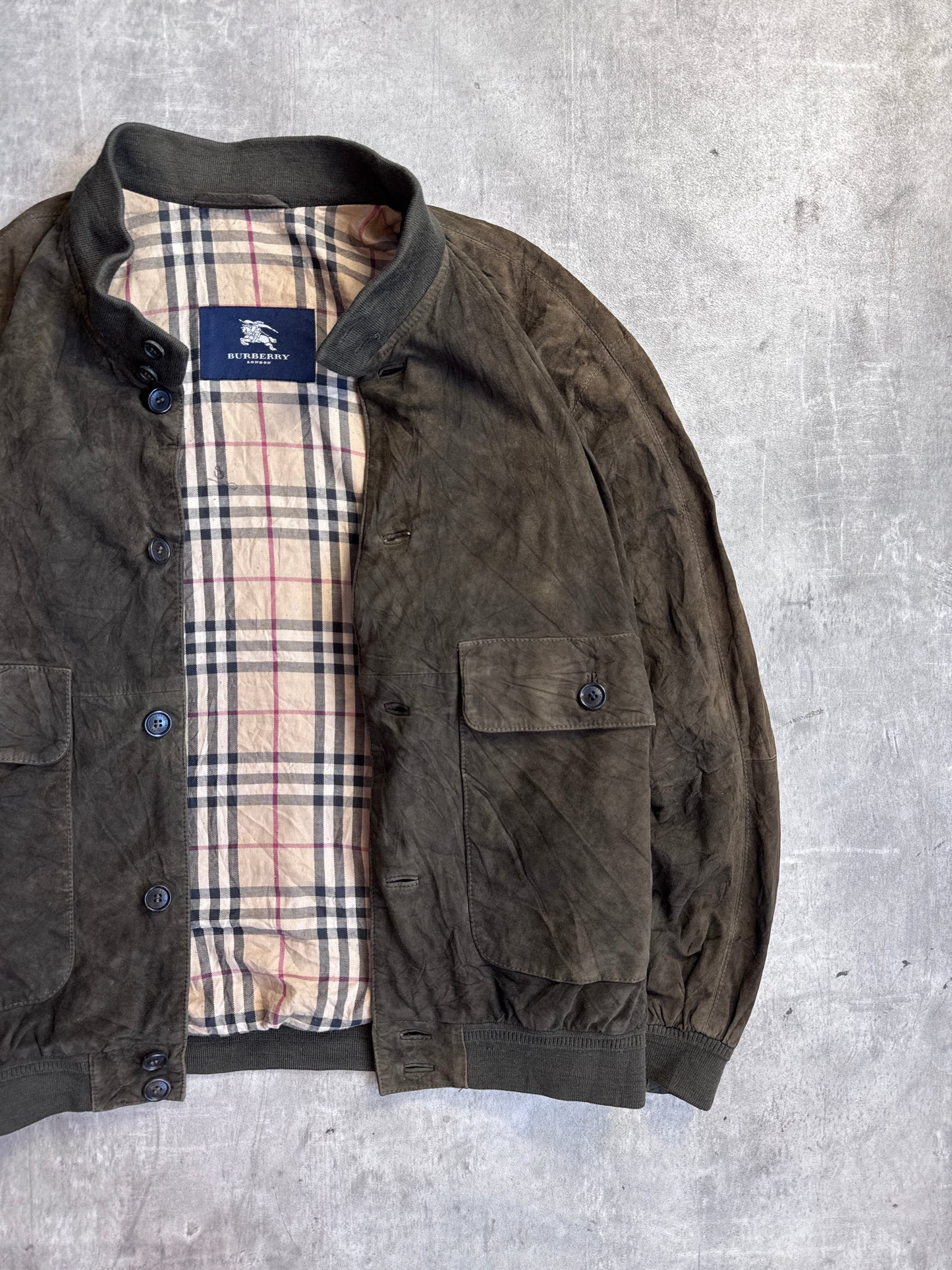 Burberry Olive Velour Button Down Bomber Jacket