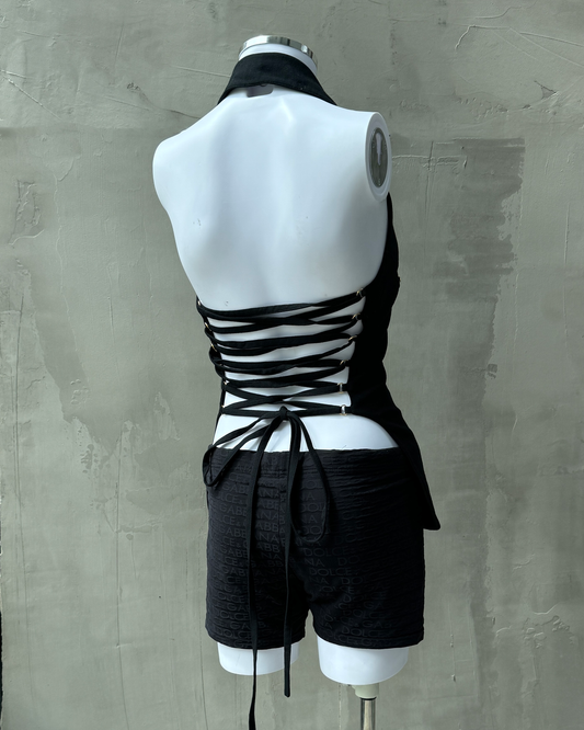 PACO RABANNE LACE UP BACKLESS COLLARED TOP