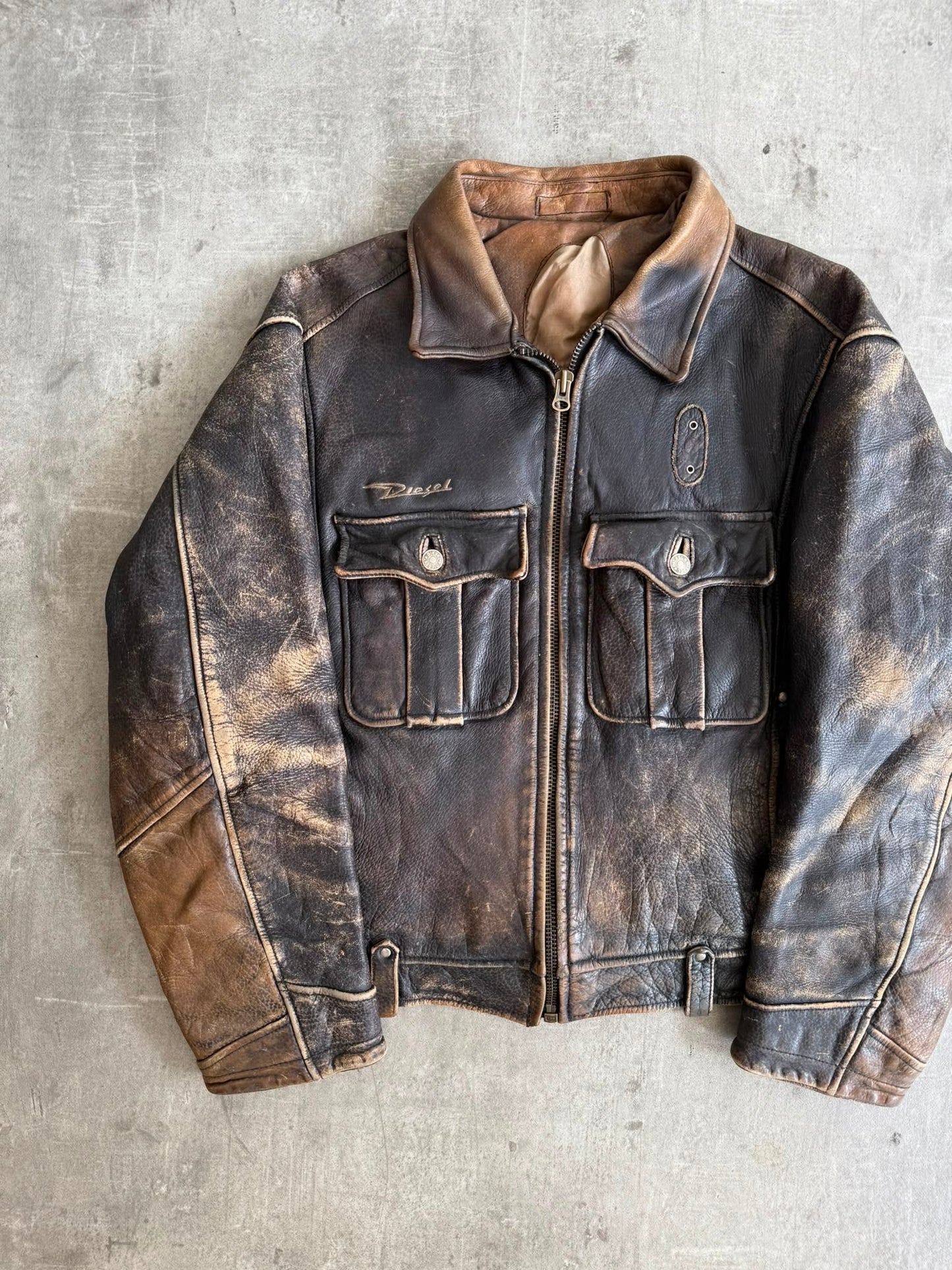 1990's Diesel Distressed Brown Leather Bomber Jacket | Large, Brown
