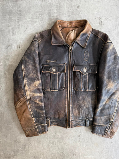 1990's Diesel Distressed Brown Leather Bomber Jacket | Large, Brown