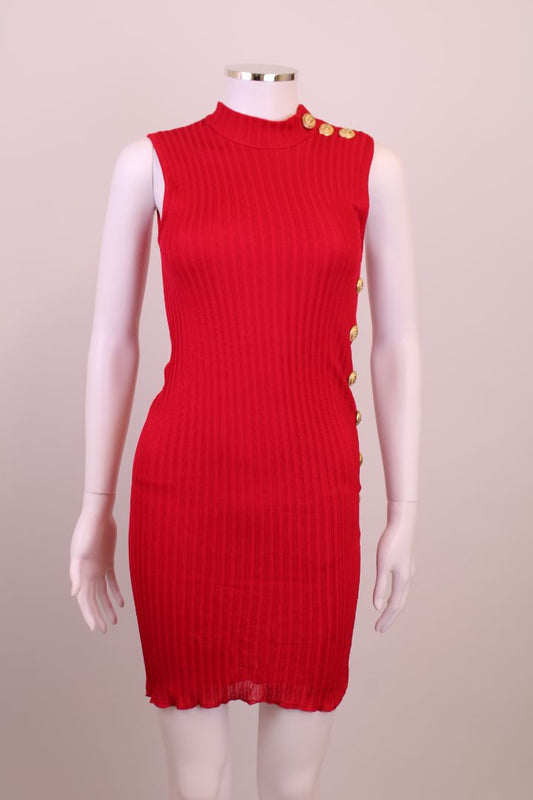 Balmain Rib Knit Button Dress Red 6 | XS, Red