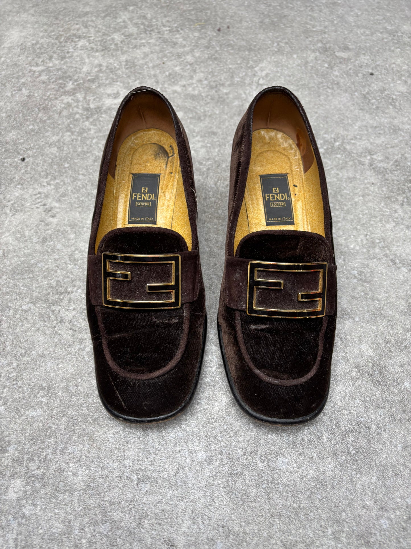 Fendi Vintage FF Baguette Buckle Suede Leather Trimmed Velvet Heeled Loafers