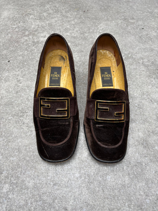 Fendi Vintage FF Baguette Buckle Suede Leather Trimmed Velvet Heeled Loafers