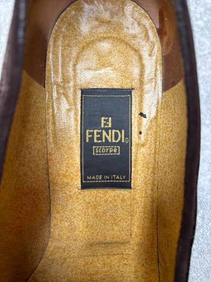 Fendi Vintage FF Baguette Buckle Suede Leather Trimmed Velvet Heeled Loafers