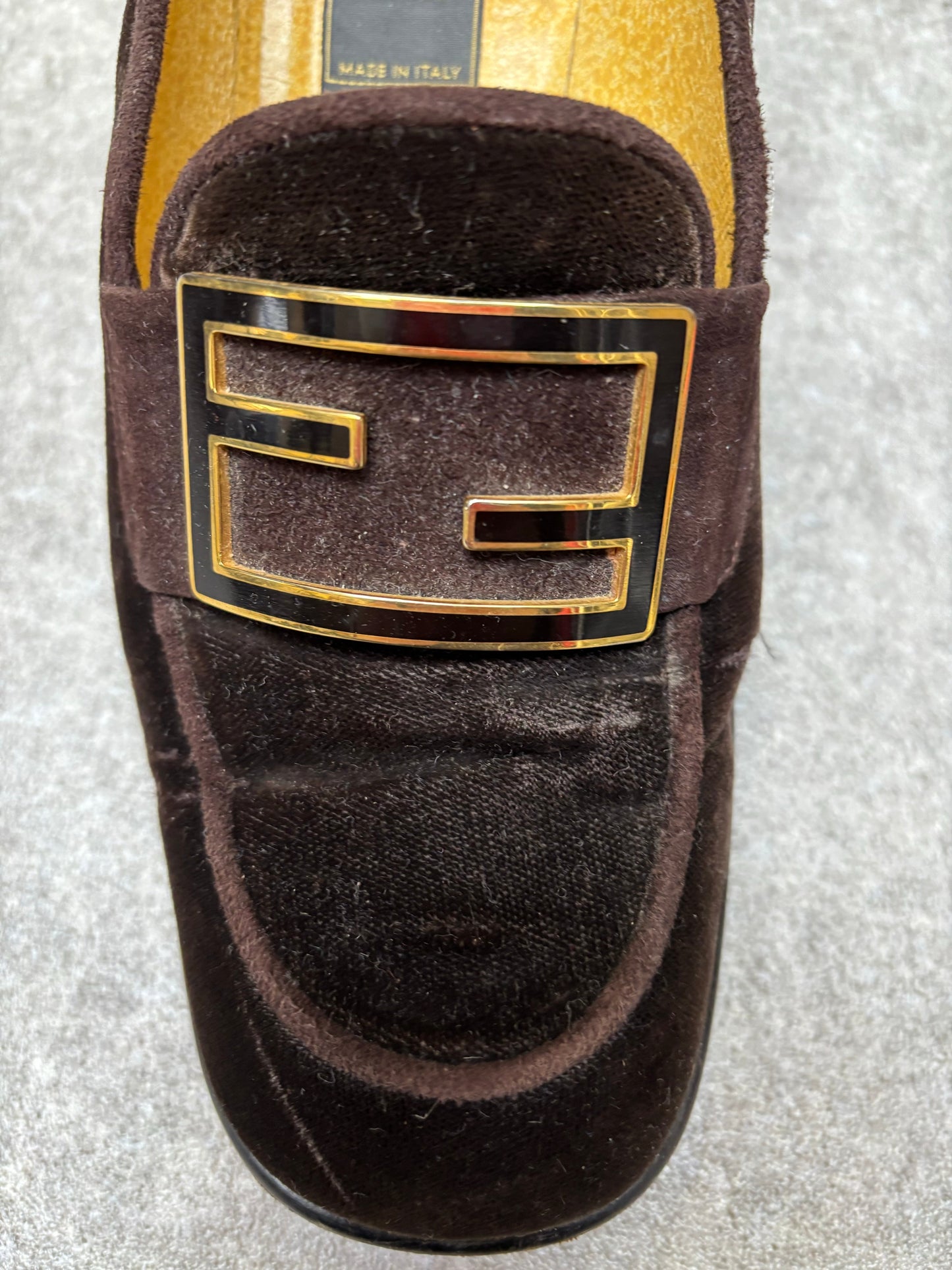 Fendi Vintage FF Baguette Buckle Suede Leather Trimmed Velvet Heeled Loafers