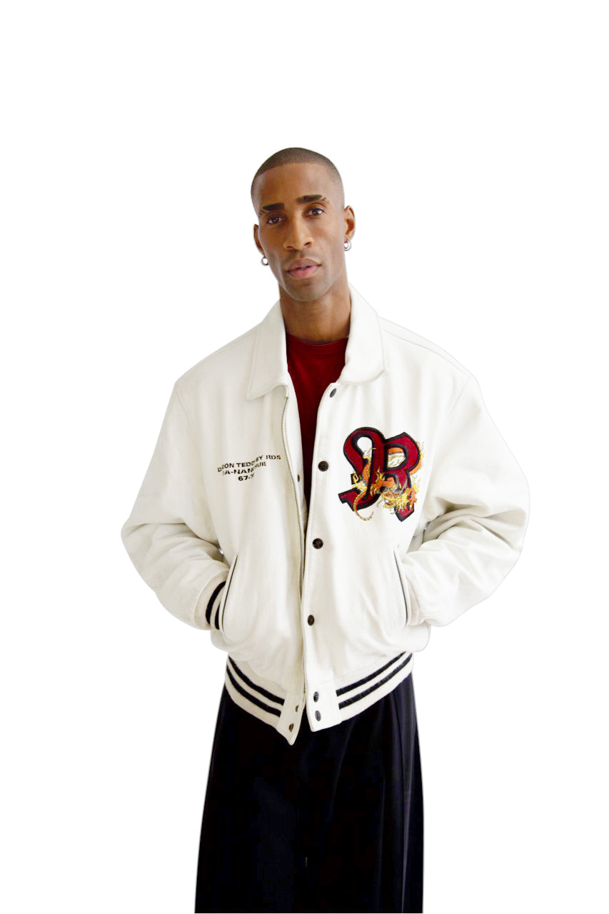 Redskins Dragon Embroidered White Leather Varsity Jacket
