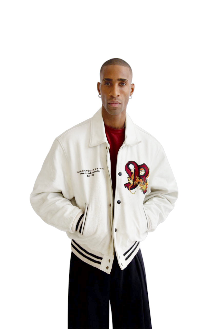 Redskins Dragon Embroidered White Leather Varsity Jacket – Known