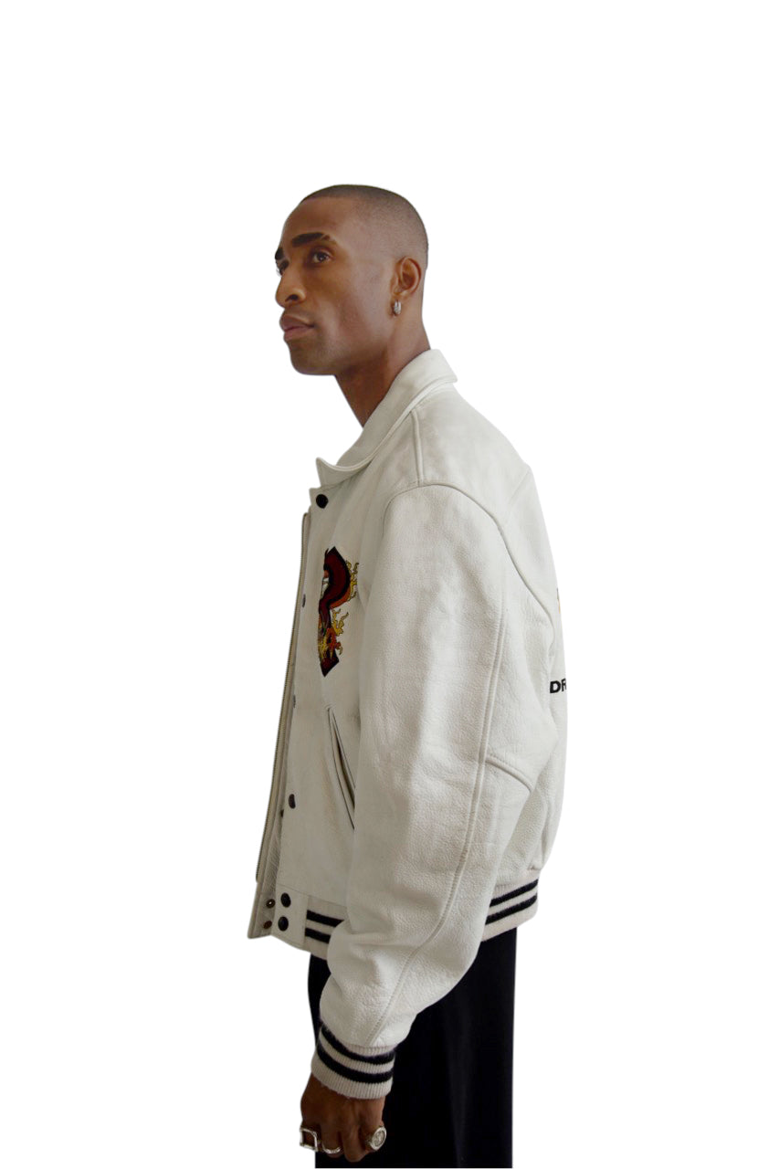 Redskins Dragon Embroidered White Leather Varsity Jacket