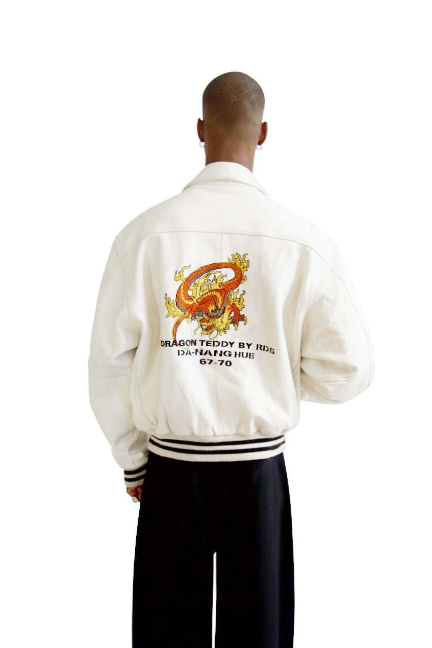Redskins Dragon Embroidered White Leather Varsity Jacket