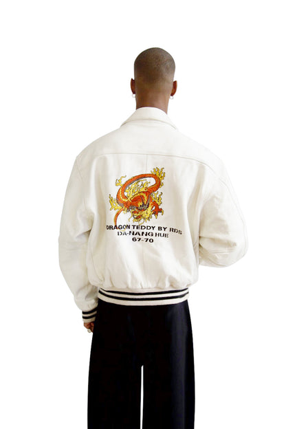 Redskins Dragon Embroidered White Leather Varsity Jacket