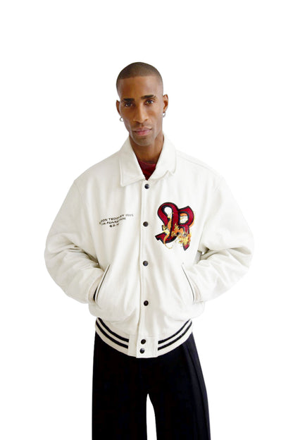 Redskins Dragon Embroidered White Leather Varsity Jacket
