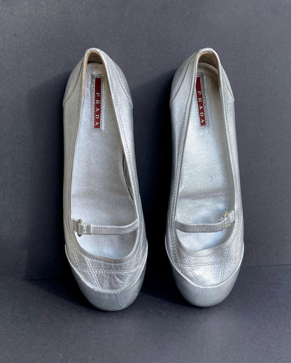 PRADA 2000'S SILVER METALLIC BALLET FLATS - EU 38 / UK 5 | UK 5, Silver