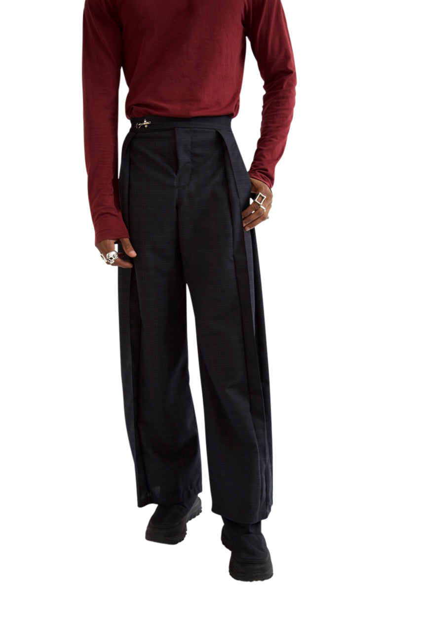 VT Rework: Navy Check Wide Leg Pleated Trousers