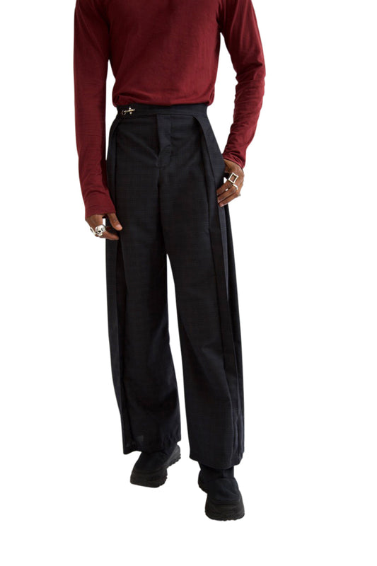 VT Rework: Navy Check Wide Leg Pleated Trousers
