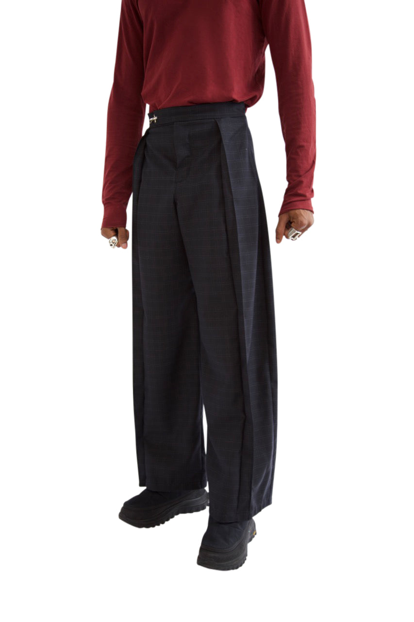 VT Rework: Navy Check Wide Leg Pleated Trousers