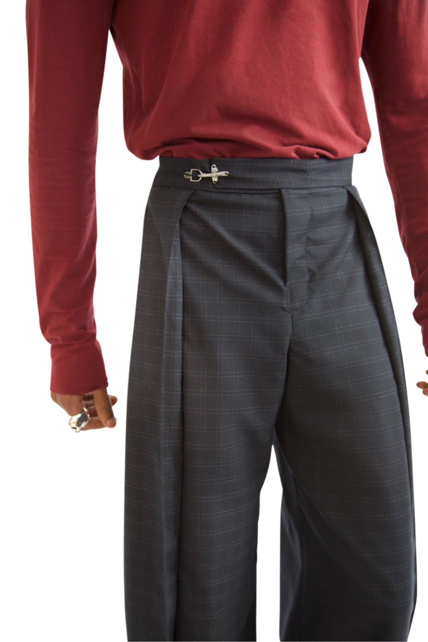 VT Rework: Navy Check Wide Leg Pleated Trousers