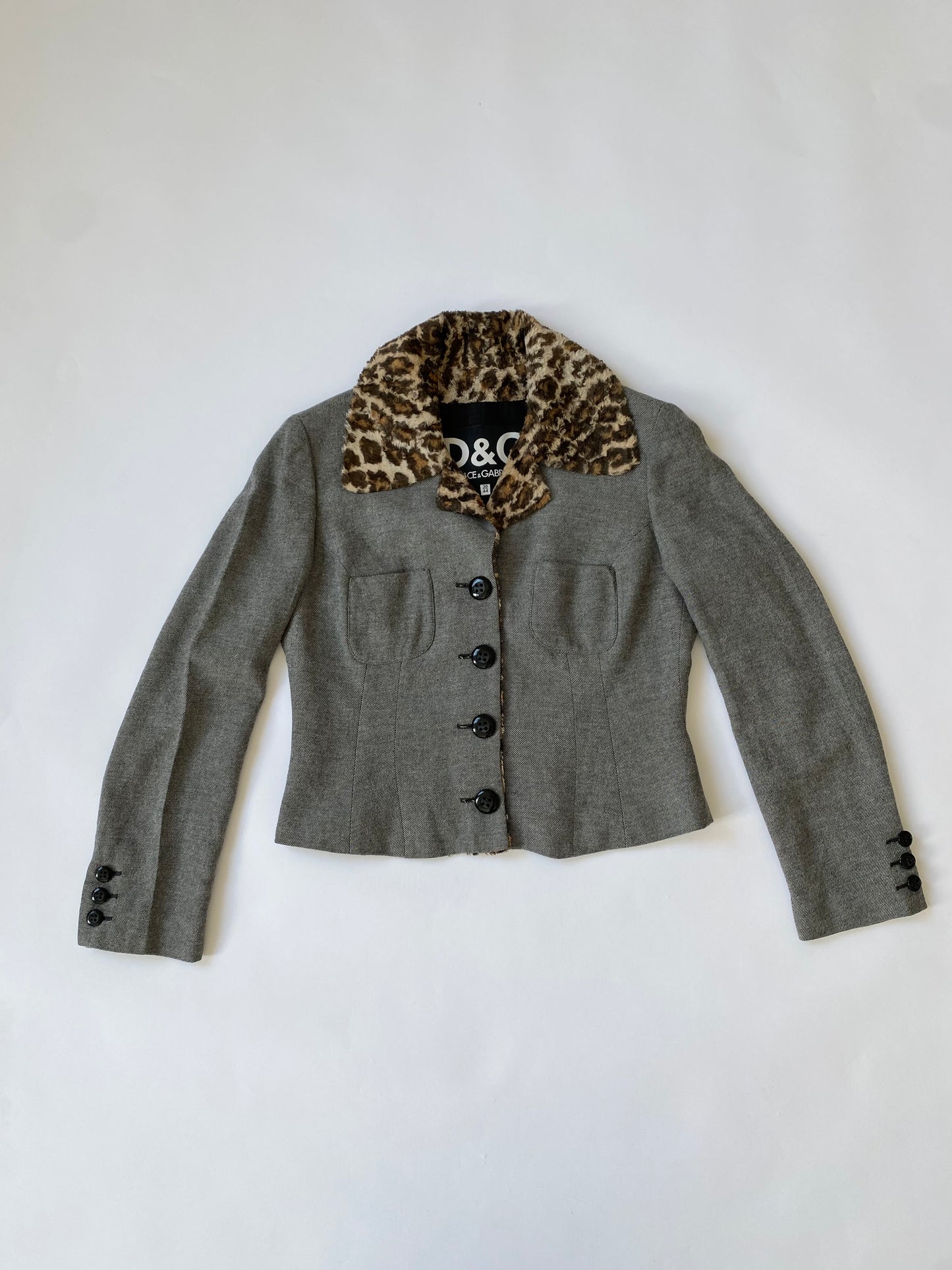 Dolce & Gabbana Leopard Print Cropped Blazer in Grey.