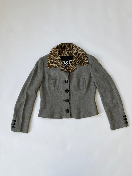 Dolce & Gabbana Leopard Print Cropped Blazer in Grey.