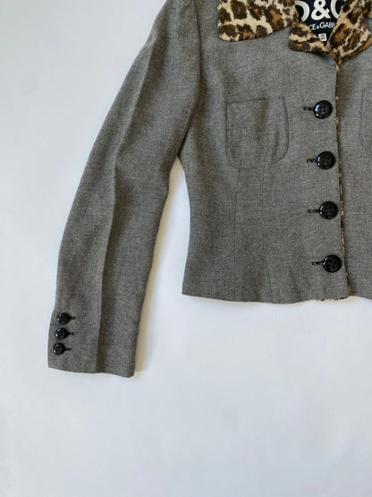Dolce & Gabbana Leopard Print Cropped Blazer in Grey.