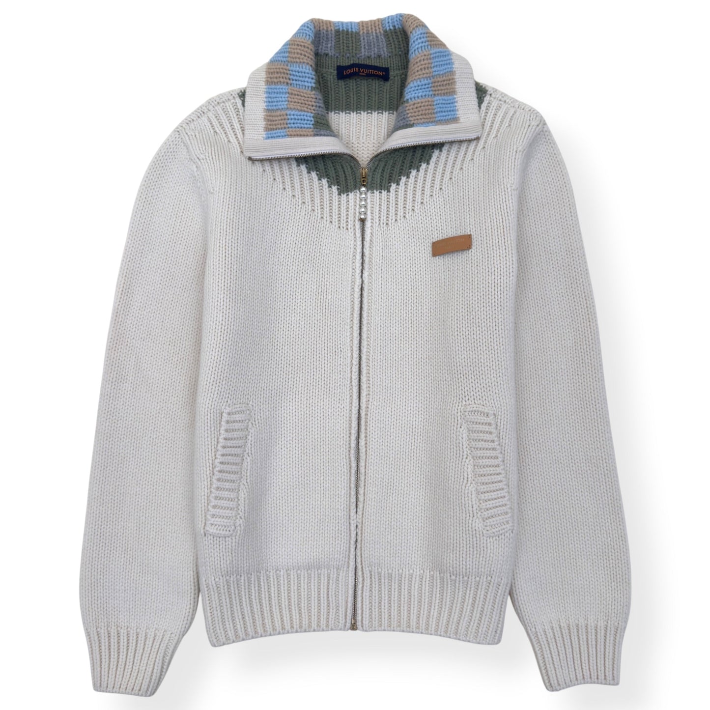 LOUIS VUITTON DAMIER ZIP-THROUGH INTARSIA KNIT JACKET ECRU XXL | XXL, Ecru