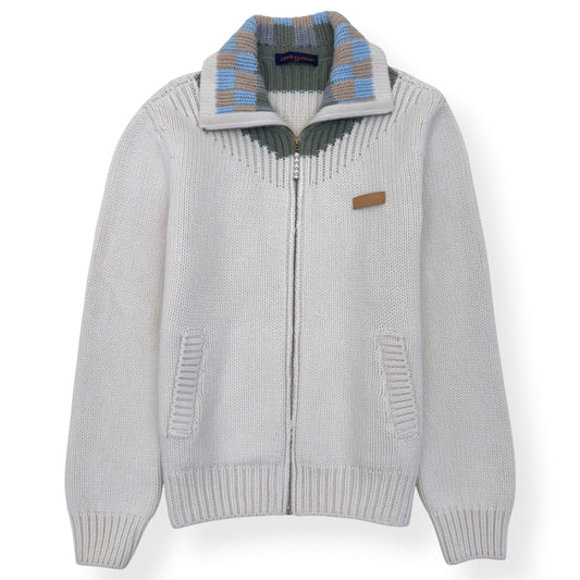 LOUIS VUITTON DAMIER ZIP-THROUGH INTARSIA KNIT JACKET ECRU XXL | XXL, Ecru