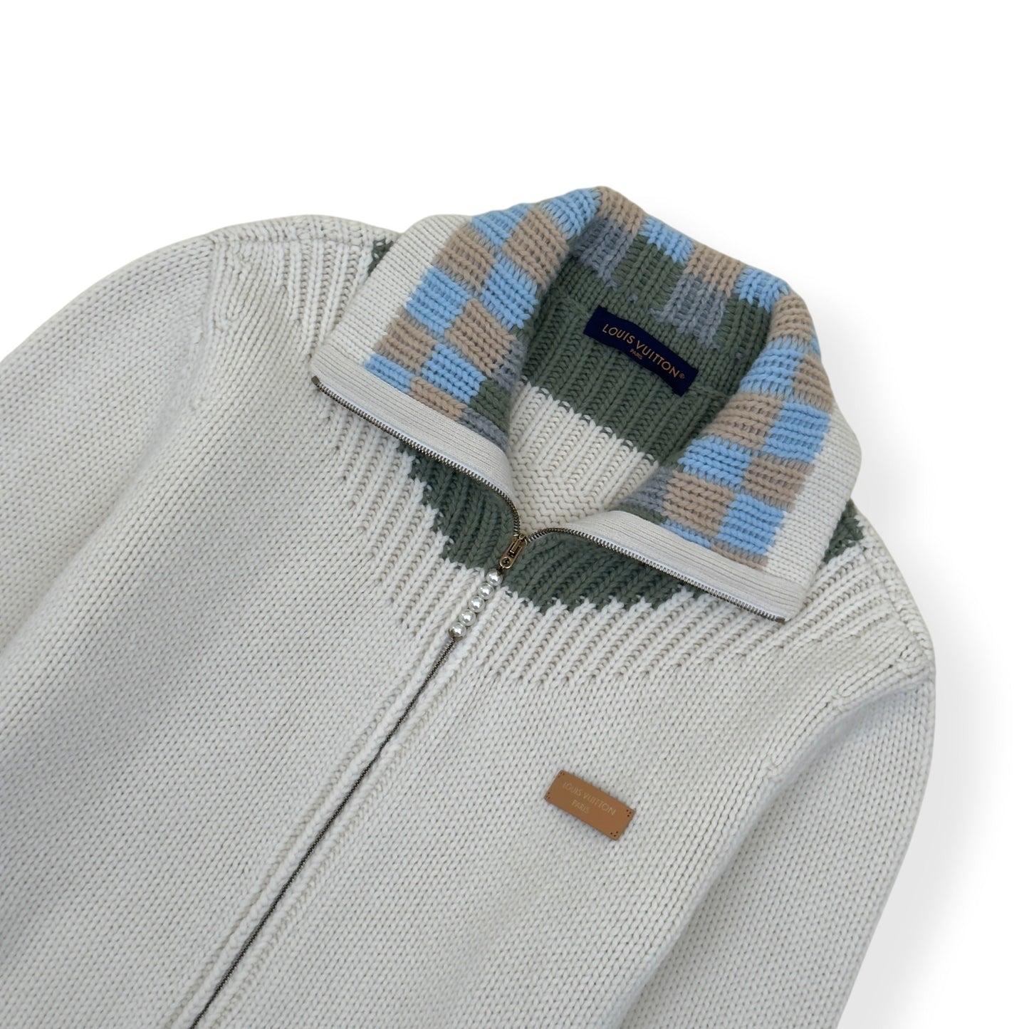 LOUIS VUITTON DAMIER ZIP-THROUGH INTARSIA KNIT JACKET ECRU XXL | XXL, Ecru