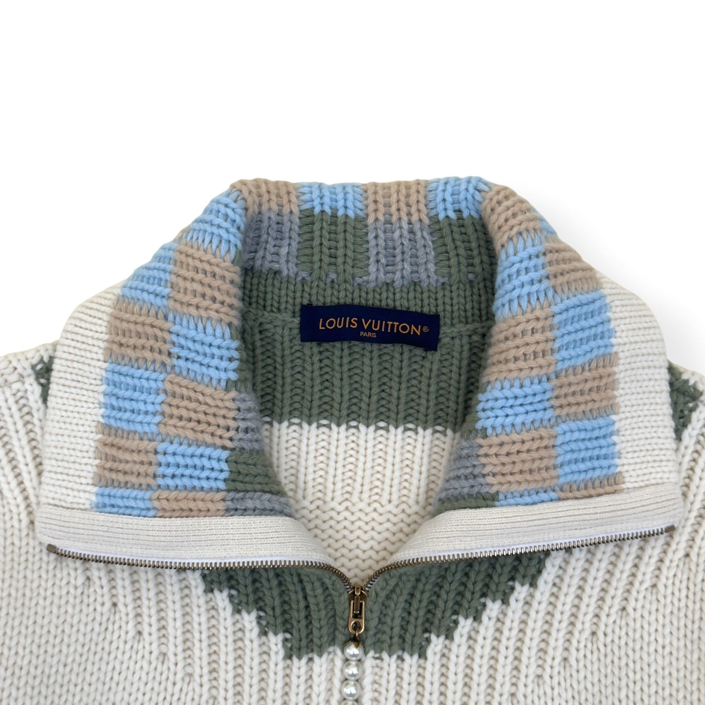 LOUIS VUITTON DAMIER ZIP-THROUGH INTARSIA KNIT JACKET ECRU XXL | XXL, Ecru