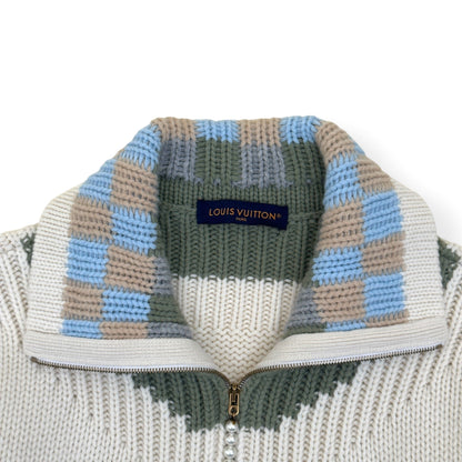 LOUIS VUITTON DAMIER ZIP-THROUGH INTARSIA KNIT JACKET ECRU XXL | XXL, Ecru