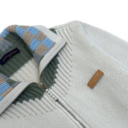 LOUIS VUITTON DAMIER ZIP-THROUGH INTARSIA KNIT JACKET ECRU XXL | XXL, Ecru