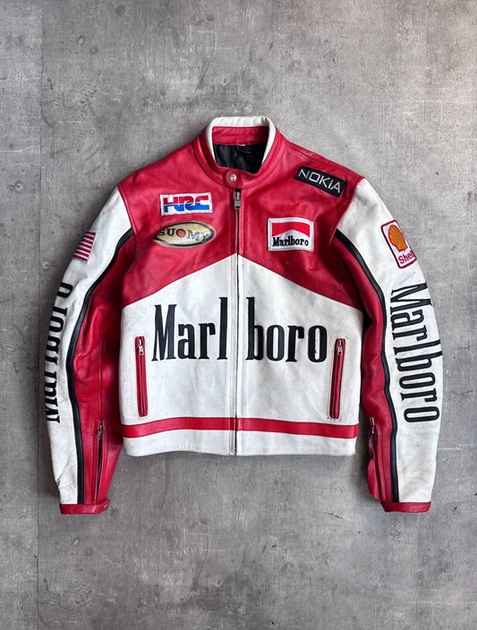 Marlboro Red / White Leather Spellout Moto Racer Jacket