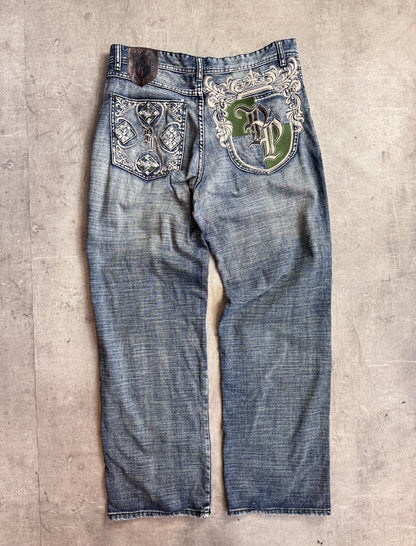 Pelle Pelle Embroidered Logo Crest Distressed Jeans